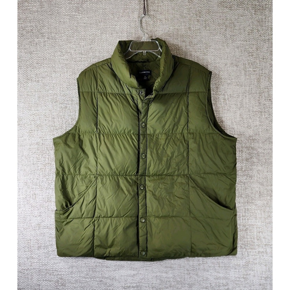 Lands End Goose Down Puffer Vest Mens XL 46-48 Olive Snap Quilted EUC